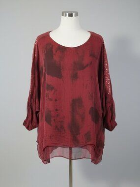 🩸 The Crimson Devotion Top — Italian Silk | Sequin Sleeves | Size XL